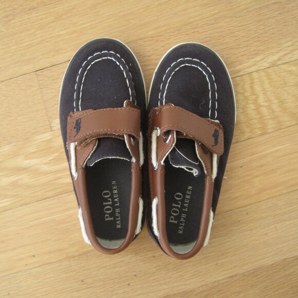 Polo Ralph Lauren Sander EX Boat Shoes Sz 9T Navy Brown Unisex Loafers Topsiders - Picture 6 of 8